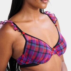 Parade Women's Plaid Silky Mesh Flutter Stap T-Shirt Bra - Magenta/Blue L+